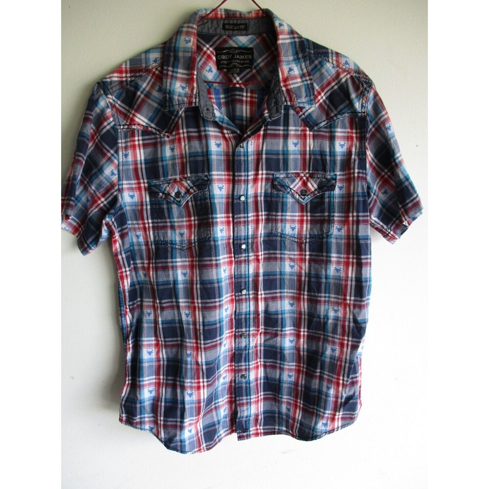 CODY JAMES M Patriotic Plaid Red Blue Button Up Pearl Snap Western  Short Sleeve